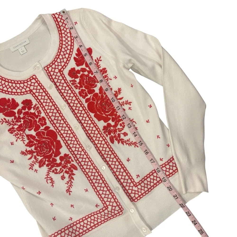Charter Club White with Red Floral Embroidery Button up Sweater Small